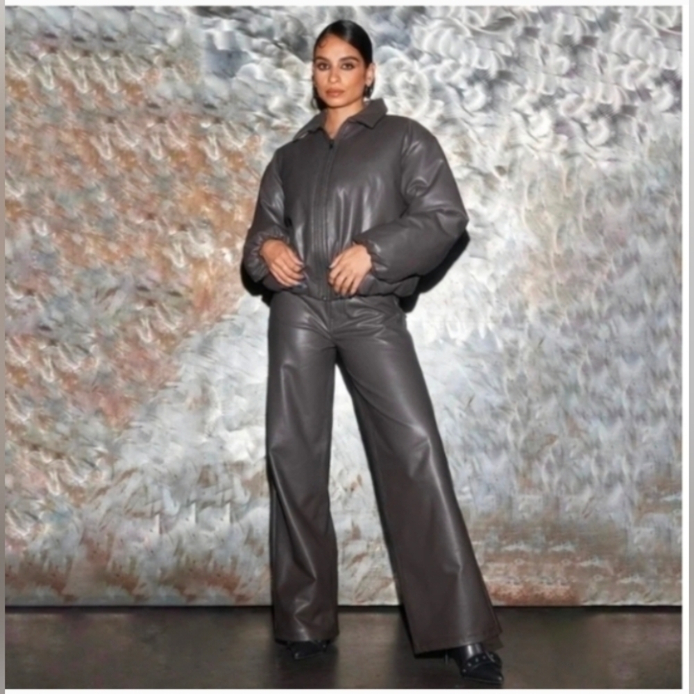 Future Collective Women's Faux Leather Puffer Jacket Dark Gray